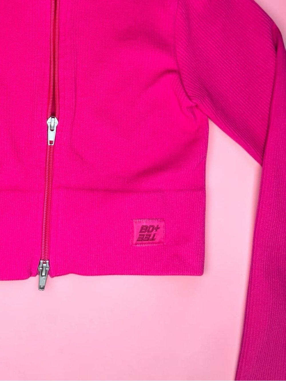 Bo+Tee Seamless Ribbed Long Sleeve Crop Top Jacket Fuschia Pink Small
